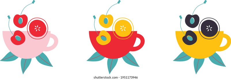 Fruit tea, Flat vector icon. Abstract Fruit and tea in mug. Drink lover concept. Logo for Fruit tea or delivery. Hand drawn elements for menu design, vector colorful illustration collection. EPS 10. 