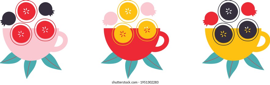 Fruit tea, Flat vector icon. Abstract Fruit and tea in mug. Drink lover concept. Logo for Fruit tea or delivery. Hand drawn elements for menu design, vector colorful illustration collection. EPS 10. 