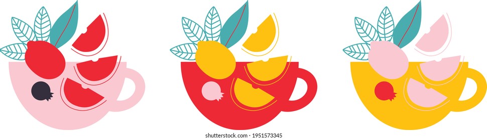 Fruit tea, Flat vector icon. Abstract Fruit and tea in mug. Drink lover concept. Logo for Fruit tea or delivery. Hand drawn elements for menu design, vector colorful illustration collection. EPS 10. 