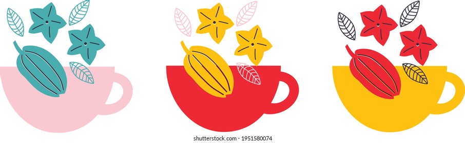 Fruit tea, Flat vector icon. Abstract Fruit and tea in mug. Drink lover concept. Logo for Fruit tea or delivery. Hand drawn elements for menu design, vector colorful illustration collection. EPS 10. 