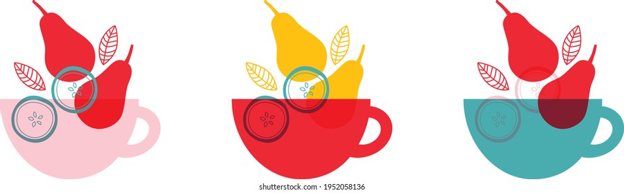 Fruit tea, Flat vector icon. Abstract Fruit and tea in mug. Drink lover concept. Logo for Fruit tea or delivery. Hand drawn elements for menu design, vector colorful illustration collection. EPS 10. 