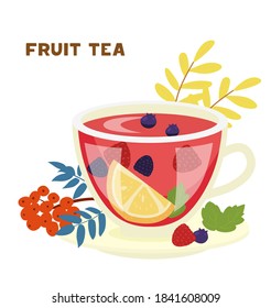 Fruit Tea Glass Cup With Orange, Raspberry, Blueberry, Blackberry, Mint Leaves Vector Illustration. Decorated With Ashberry. Isolated On White.