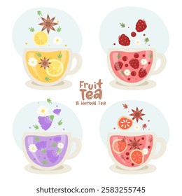 Fruit tea and herbal tea elements  isolated on white background. Vector illustration.