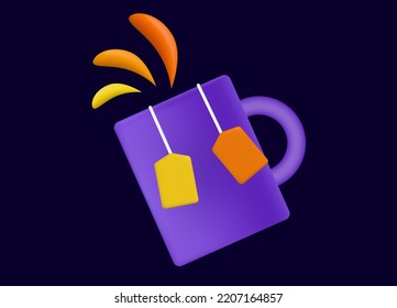 Té de fruta salpicado 3d. Beba fría con bolsitas de té. El concepto de desayuno, el tiempo para beber agua de fruta o un cóctel. Enjuiciamientos o gotas de jugo natural. Lemonada en una taza, ilustración vectorial, cartel.
