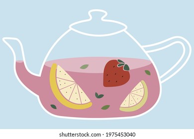 Fruit tea with strawberry, lemon, orange. Herbal tea brewed in a transparent teapot.