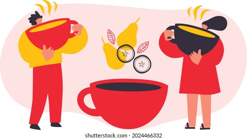 Fruit tea and tiny man, woman cartoon flat vector. Abstract icon hot tea cup.Tea, berries, people clip art for packaging and advertising. Cooking ingredients vector illustration. Isolated. EPS 10.