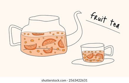 Fruit tea in transparent teapot and cup with orange slices and berries. Drink concept, poster, menu, invitation. Minimalist flat vector illustration isolated white background.