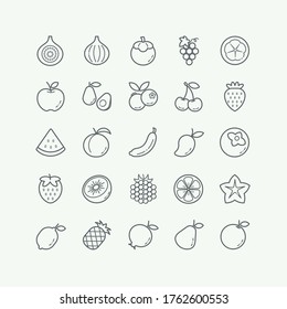 Fruit thin line icons set, outline style on light gray background.