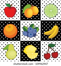 Fruit Tiles, polka dot design: apple, apricots, lime, orange, blueberry, banana, pear, lemon, cherries. Decorative black and white pattern tile background. EPS8 compatible.