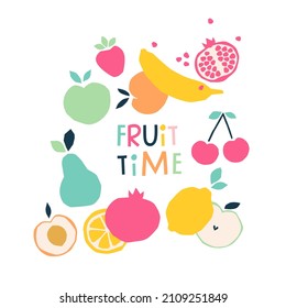 Fruit time card vector. Banana, strawberry, apple and other fruits for summer poster
