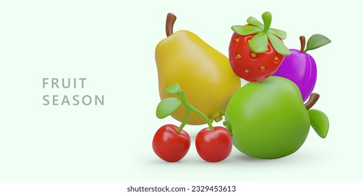 Fruit time. Seasonal poster with realistic illustration and text. Ripe pear, cherry, apple, plum, strawberry. Summer fruits and berries. Banner on green background