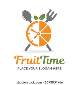 Fruit time vector logo template. This design use orange, clock, spoon and fork symbol. Suitable for food business.