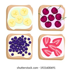 Fruit toast with banana, cherry, blueberry, strawberry. Snack. The sandwich is a dessert.