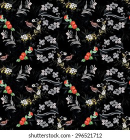 Fruit tree apple and birds with flowers watercolor seamless pattern on black background vector illustration