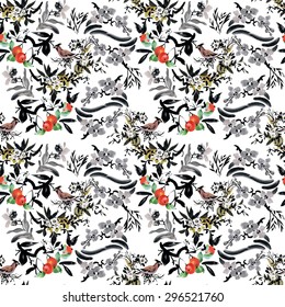 Fruit tree apple and birds with flowers watercolor seamless pattern on white background vector illustration