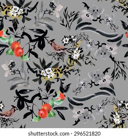 Fruit tree apple and birds with flowers watercolor seamless pattern on gray background vector illustration