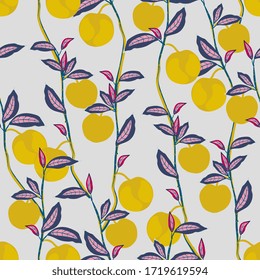 Fruit tree branches with leaves and yellow fruits on a light grey background. Vector seamless hand-drawn illustration. Square repeating pattern for fabric and wallpaper.