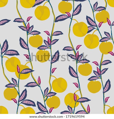 Fruit tree branches with leaves and yellow fruits on a light grey background. Vector seamless hand-drawn illustration. Square repeating pattern for fabric and wallpaper.