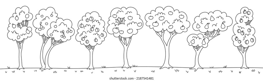 Fruit Tree Garden Doodle Cartoon Set. Flat Linear Different Orchard Trees Apple, Pear And Lemon, Cherry, Tangerine, Plum Apricot. Farm Ripe Fruits Harvest Botanical Eco Collection. Vector Illustration