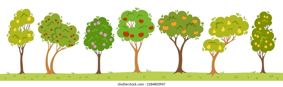 Fruit tree garden flat cartoon set. Abstract different orchard trees apple, pear and lemon, cherry, tangerine, plum and apricot. Farm ripe fruits harvest botanical eco collection. Vector illustration