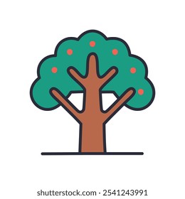 Icono de árbol de frutas. Gráfico simple de un árbol con fruta, simbolizando crecimiento, naturaleza y abundancia.