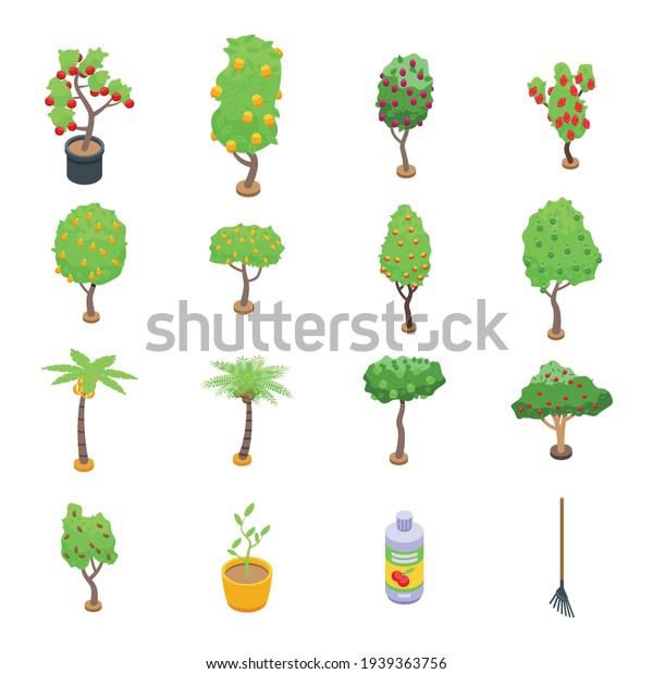 Fruit tree icons set.\
Isometric set of fruit tree vector icons for web design isolated on\
white background
