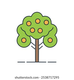 Ilustración de árbol de frutas. Abundante cosecha, abundancia de la naturaleza, crecimiento y prosperidad simbolizados por un árbol frutal vibrante.