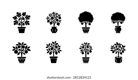 Fruit tree in pot icon set features collection of various potted fruit plants. these include fig, pomegranate, orange, apple, lemon, and pear, all rendered in minimalist style. vector illustrations provide clean and simple aesthetic, perfect for garden, healthy food, or natural product designs.