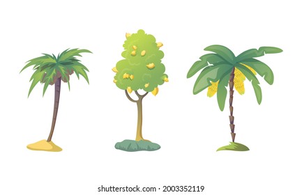 Fruit Tree with Ripe Lemon and Bunch of Banana Vector Set