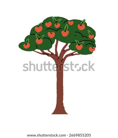 Fruit tree with ripe red apples and green leaves hanging on branches. Tall plant with foliage and crop on twigs. Orchard, garden, farm harvest. Flat isolated hand drawn vector illustration on white