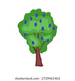 Obstbaum mit grünem Laub mit violetten Beeren, die Wachstum, frische Produkte und landwirtschaftliche Konzepte in einem vereinfachten Vektorgrafik-Stil darstellen