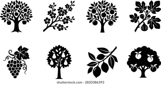 Fruit tree silhouette designs with apples, grapes, pears, and olives