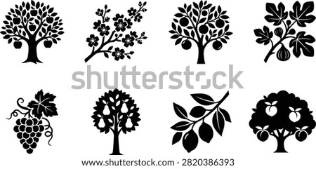 Fruit tree silhouette designs with apples, grapes, pears, and olives
