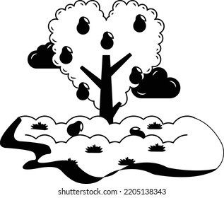 Fruit tree, sky and cloud in fields Vector Icon Design, Nature Love Symbol, Artistic landforms Scens Sign, Heart in nature Stock illustration, Beautiful Landscape View, Forest Landscape Concept