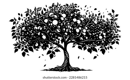 Fruit tree vector black line illustration isolated white. Sketch art