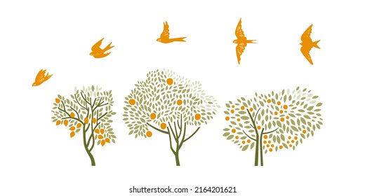 Fruit trees and birds above them. Orange, lemon, apple tree. Vector illustration.