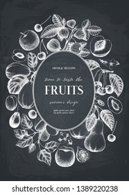 Fruit trees design - cherry, plum, peach, apple, peach, apricot, fig, quince, pear. With branches, flowers and fruits. Vector food template on chalkboard. Hand drawn botanical illustration.