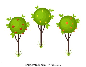 Fruit Trees isolated on white background. Vector illustration.