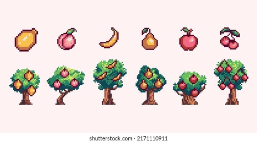 Fruit trees pixel art set. Orchard collection. Banana, apple, cherry, lemon, peach, pear farm.  8 bit sprite. Game development, mobile app. Isolated vector illustration.	
