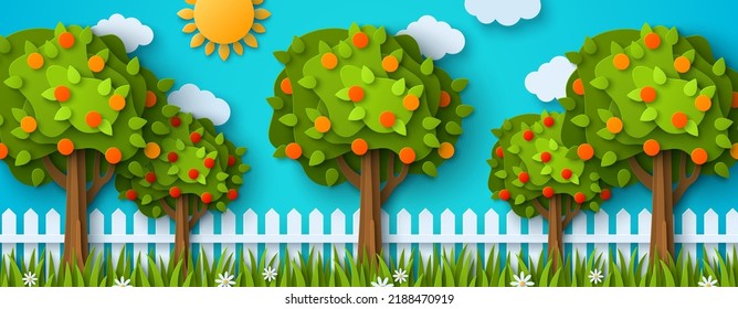 Fruit trees with ripe fruits, summer day in garden, white wood fence, harvest time. Vector illustration. Rural countryside landscape cute funny cartoon design. Horticulture concept,