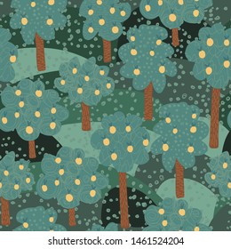 Fruit Trees Seamless Pattern. Doodle Apple Tree Landscape Background. Naive Art Style. Design For Fabric, Textile Print, Wrapping Paper, Children Textile. Vector Illustration