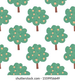 Fruit trees seamless pattern on white background. Doodle apple tree landscape. Naive art style. Design for fabric, textile print, wrapping paper, children textile. Vector illustration