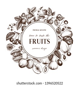 Fruit Trees Wreath. Cherry, Plum, Apple, Peach, Apricot, Fig, Quince, Pear Sketches.With Branches, Flowers And Fruits. Vector Food Design Template. Hand Drawn Botanical Illustration.