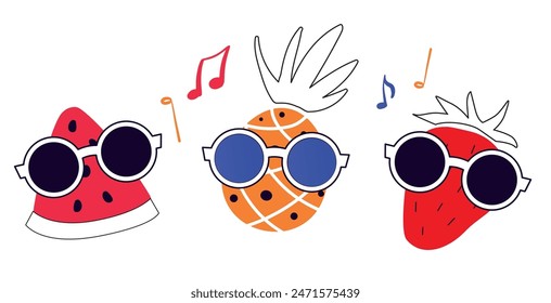 Fruit Trio personajes concepto de fiesta de verano. Sandía, piña, fresa personajes en gafas de sol para el cartel de la música, Anuncio, tarjeta, diseño de pegatinas. Vacaciones de verano, fiesta en la playa, símbolo de frutas divertidas