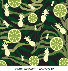 Fruit and tropical composition. Against the background of tropical leaves, the texture of zebra, pineapple, lime. Vector graphics