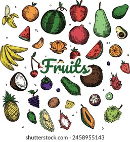 Fruit Tropical Fruits Hand Drawn Vintage Colored Hatching Doodles Bundle Set Collection