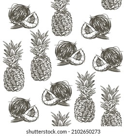Fruit tropical seamless pattern with coconut and pineapple. Rural tropical pattern on white background