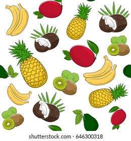 Fruit Tropical Seamless Pattern , Coconut and Juicy Kiwifruit, Red Mango with Fresh Pineapple, Sweet Banana and Avocado, Vector Illustration