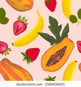 Fruit tropical seamless pattern with pink background for textile, wrapping paper, decorative pillows. Vector.