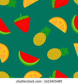 fruit tropical seamless pattern. watermelon, orange, pineapple and strawberry